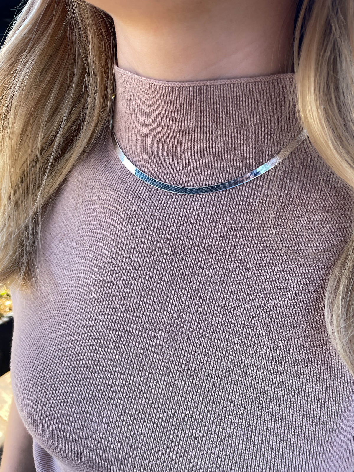 Thin Herringbone Chain Necklace in Sterling Silver, 16" Length