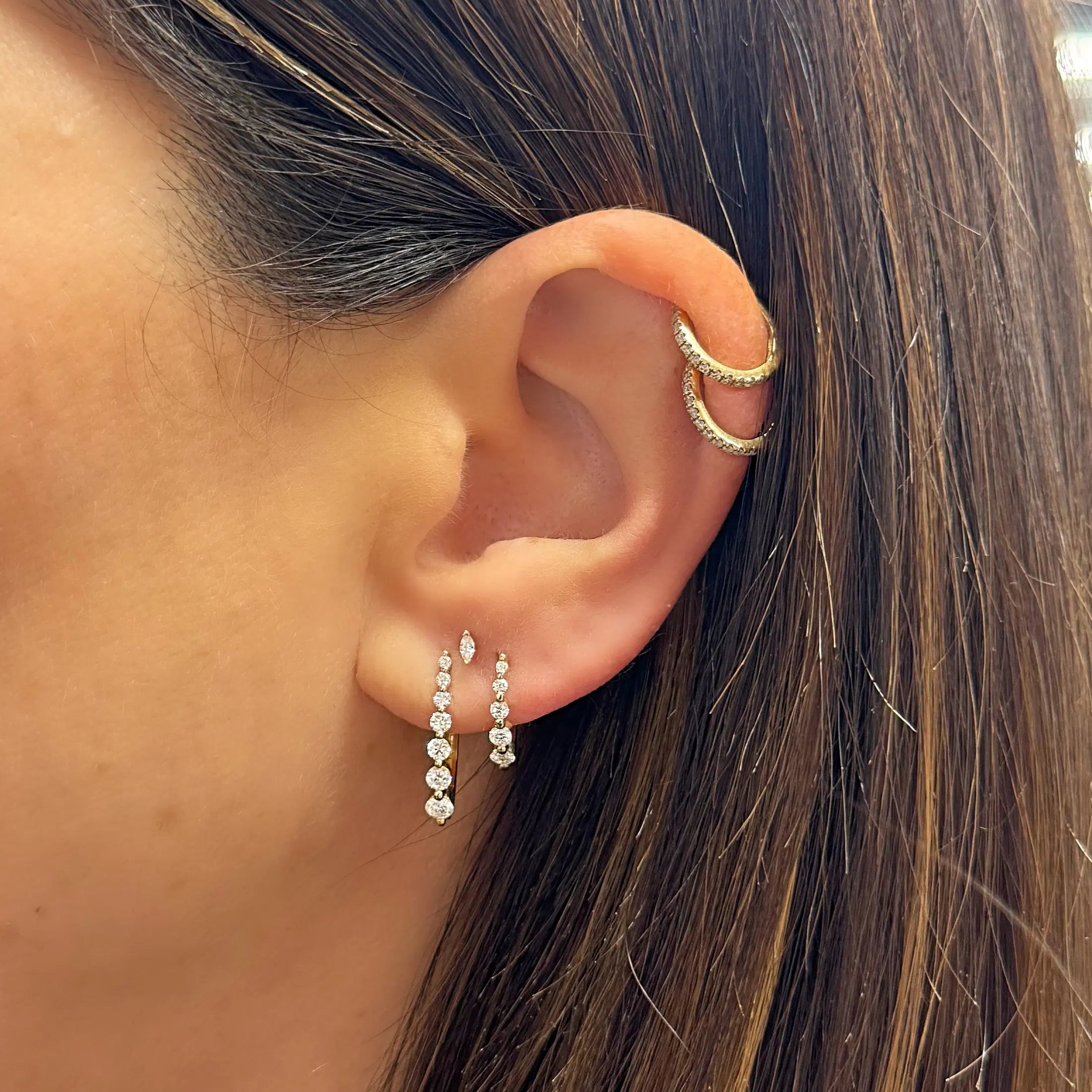 Three Stories Large Oval Graduated Diamond Hoop Earrings in 14K Yellow Gold