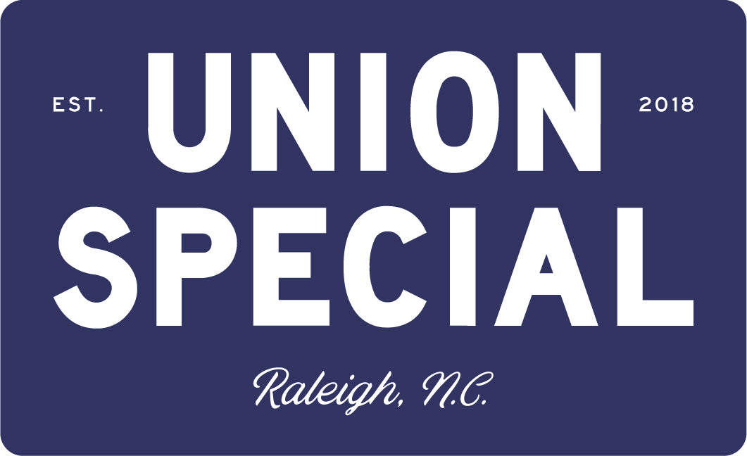 Union Special logo with 'Est. 2018' and 'Raleigh, N.C.' on a blue background