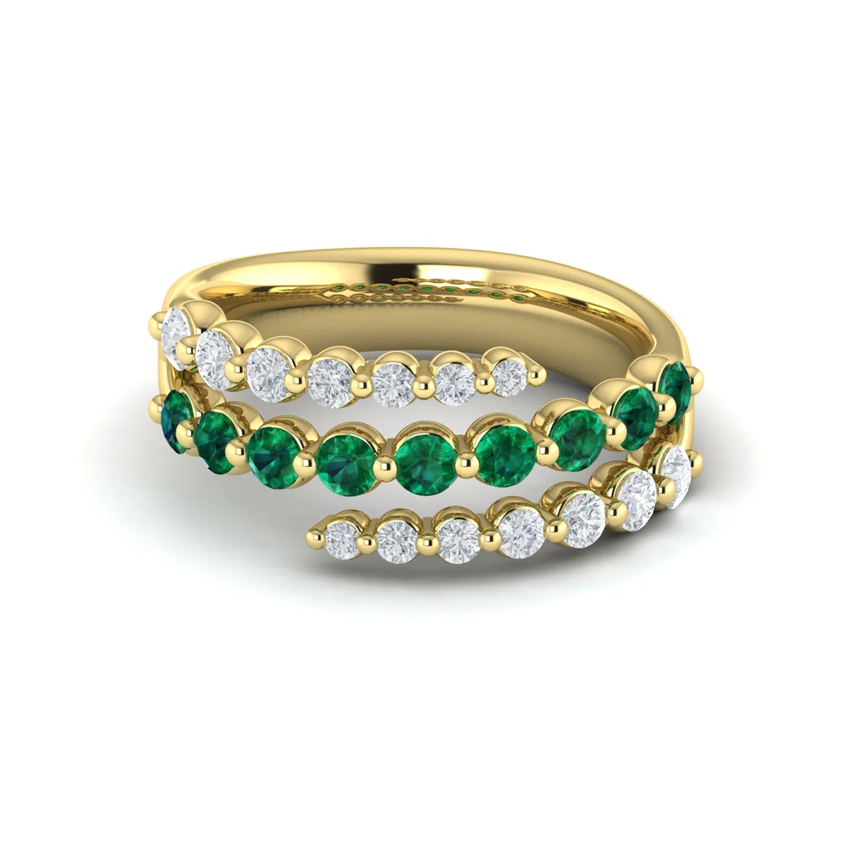 Diamond & Emerald 3 Row Wrap Ring in 14K Yellow Gold, Size 6.5