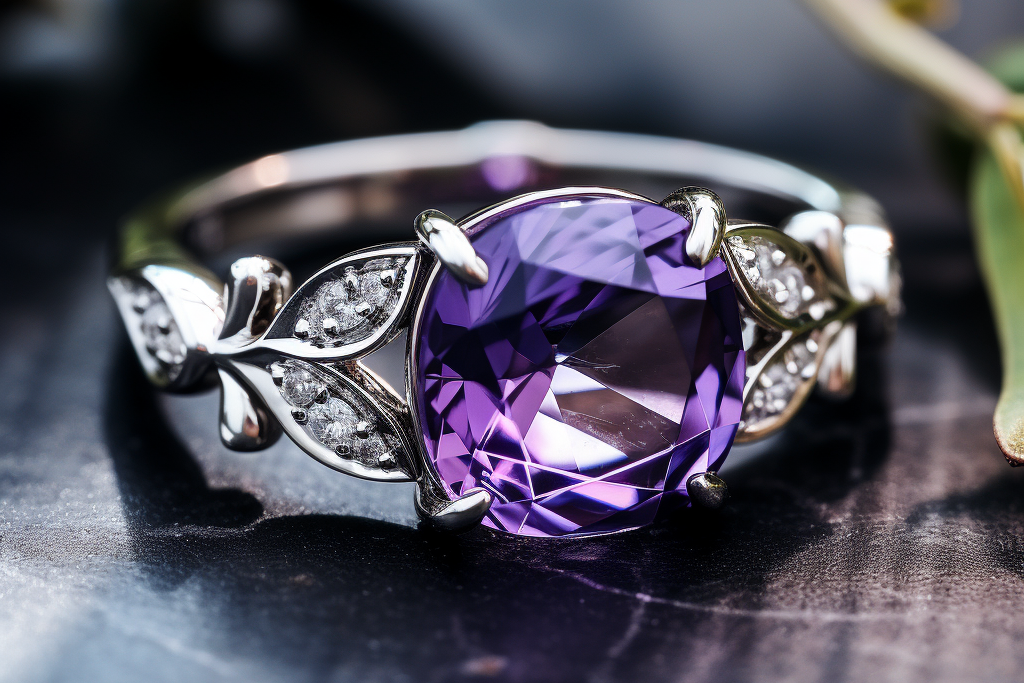 Silver ring with a purple gemstone on a dark surface