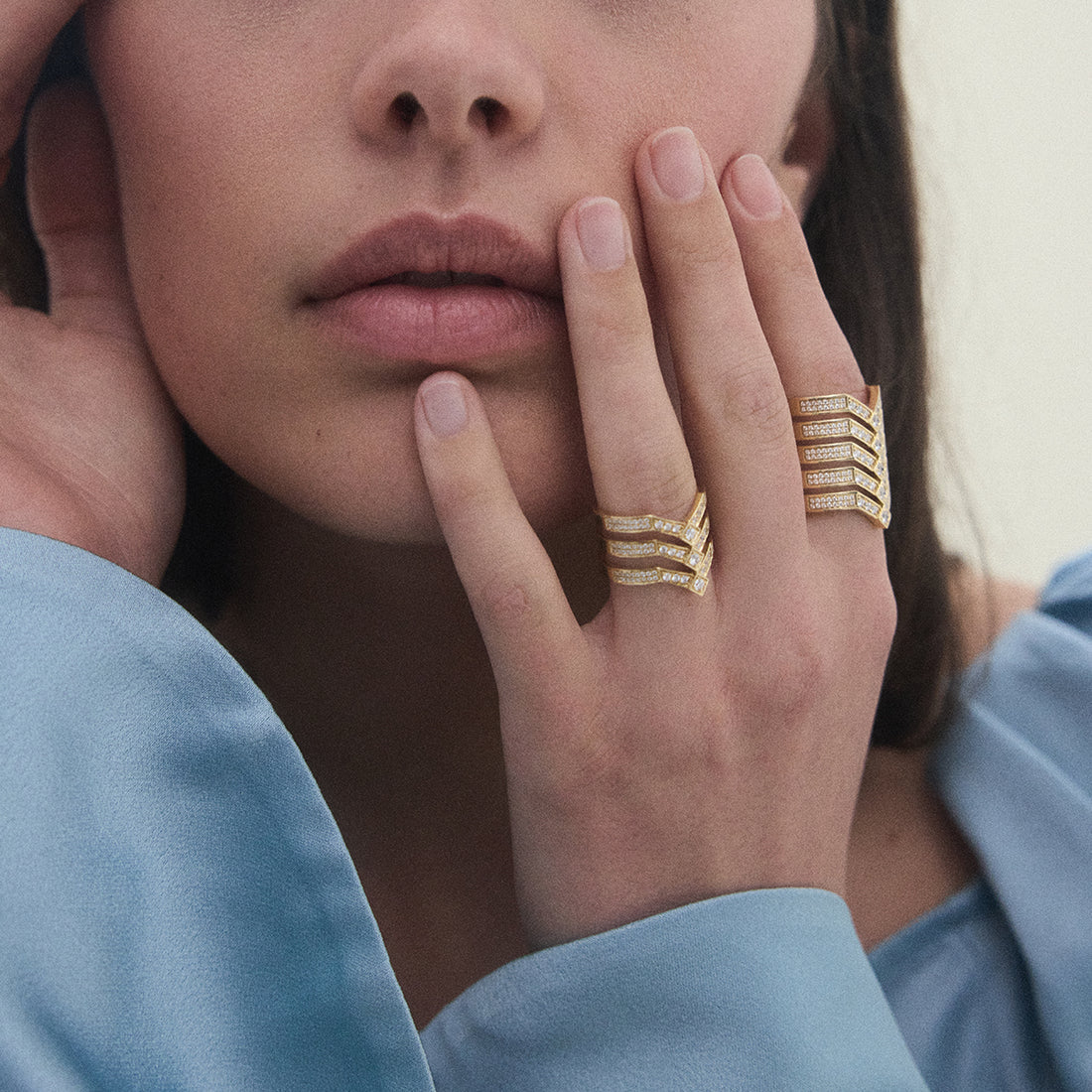 Statement Paris Stairway 3 Rows Ring in 18K Yellow Gold, Size 7