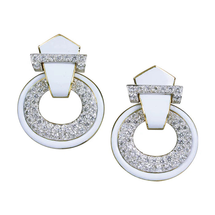 David Webb White Enamel Doorknocker Earrings in 18K Yellow Gold