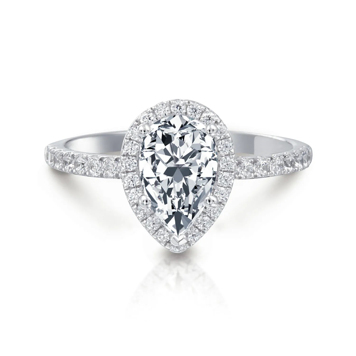 Diamond ring with a pear-shaped center stone on a white background