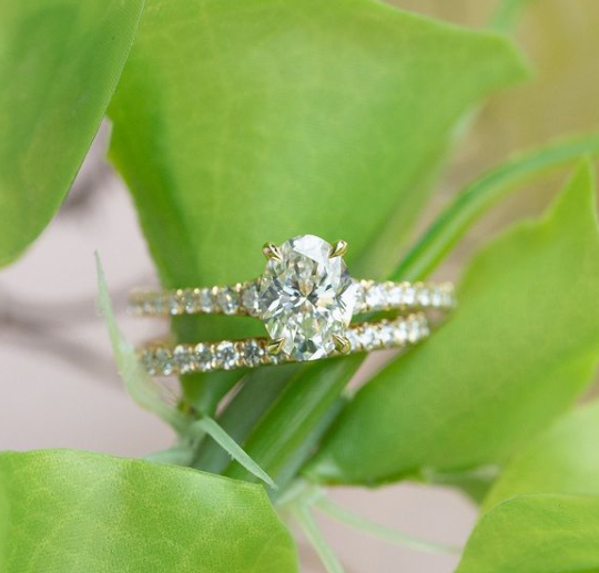 Diamond ring with green leaves in the background