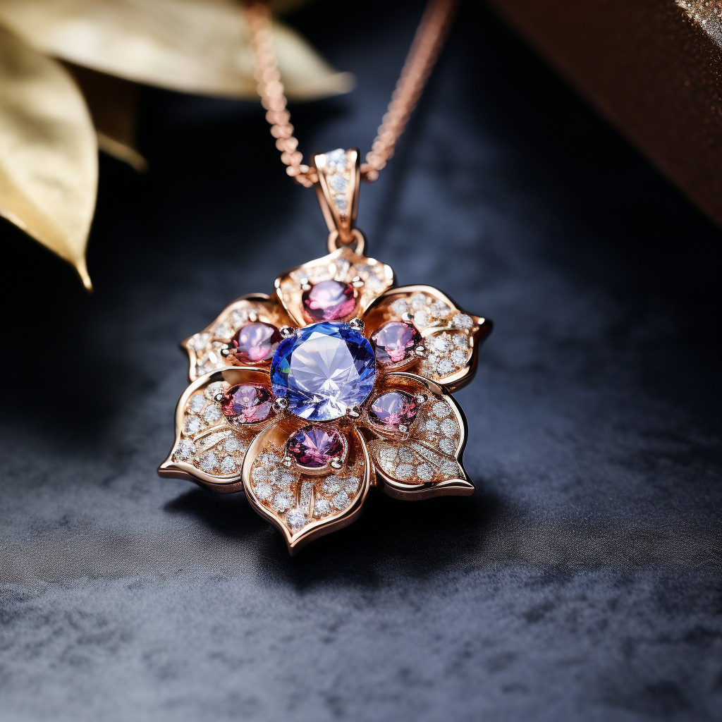 Delicate floral pendant with colorful gemstones on a dark textured surface