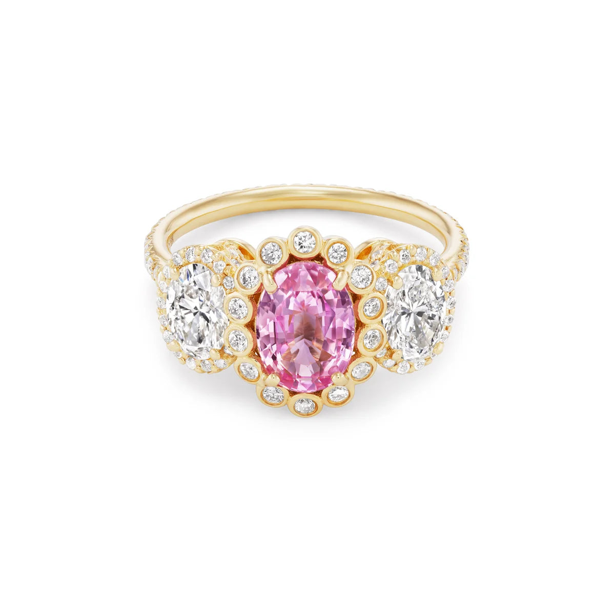 Erica Courtney 3 Stone Cathedral Ring in 18K Yellow Gold, Size 7