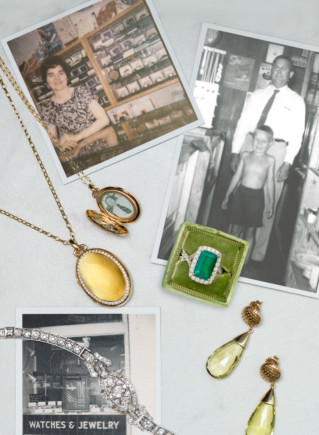 Jewelry and vintage photos on a white surface