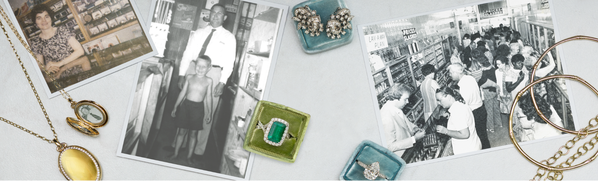 Collection of vintage photos and jewelry on a light surface
