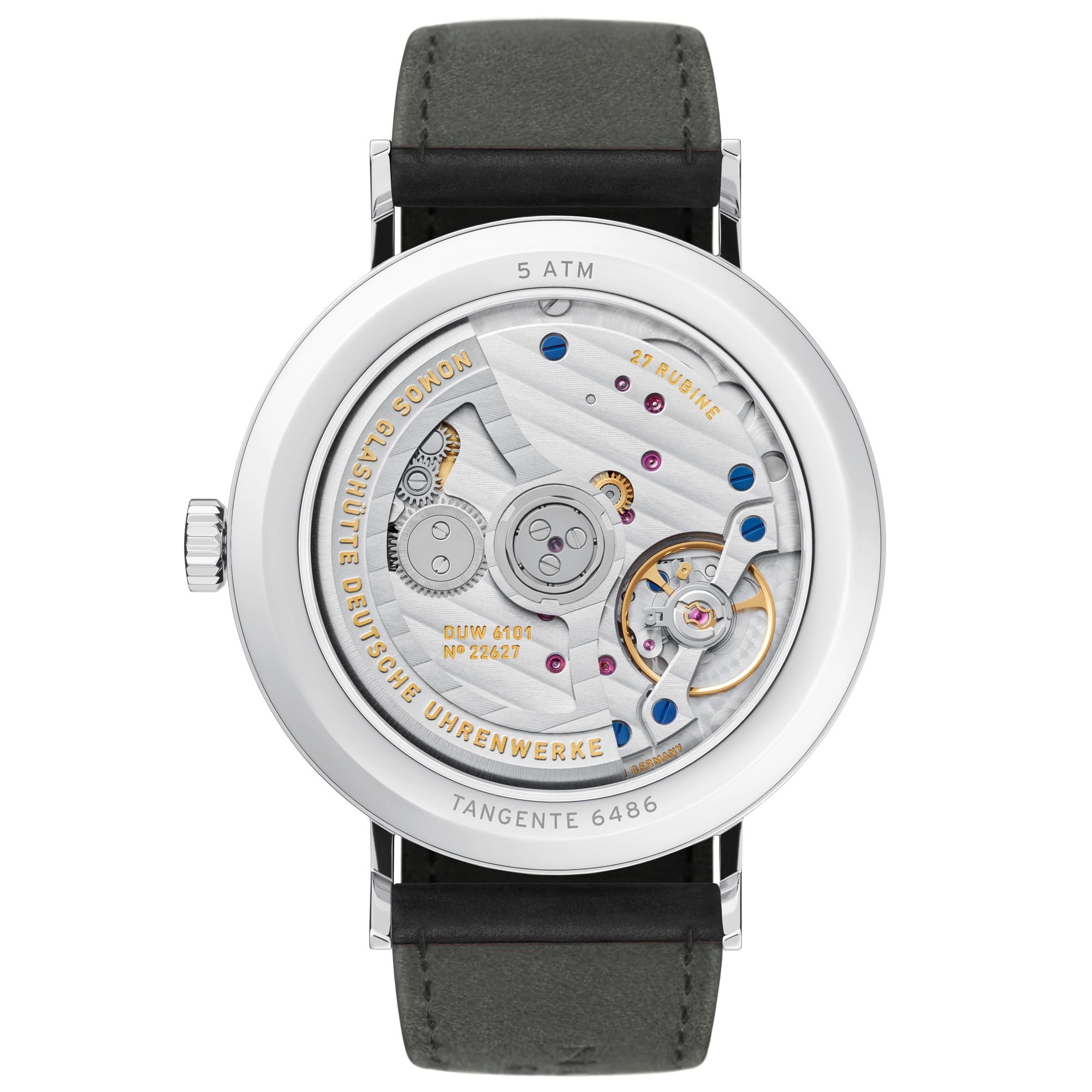 A luxury watch with a round silver-tone case, a transparent dial showing the intricate mechanical movement, and a dark gray leather strap, photographed against a solid white background.