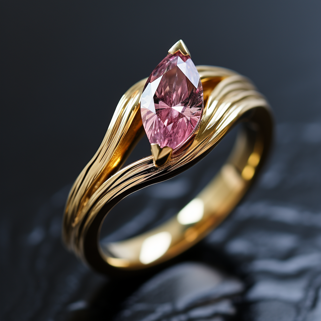 Gold ring with a pink gemstone on a dark background