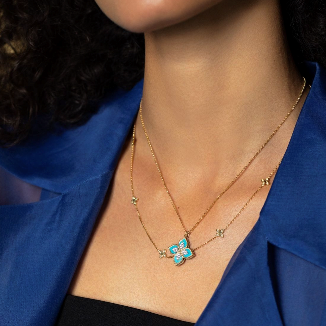 Roberto Coin Love by The Inch 5 Station Flower Necklace in 18K Yellow Gold, 17" Length