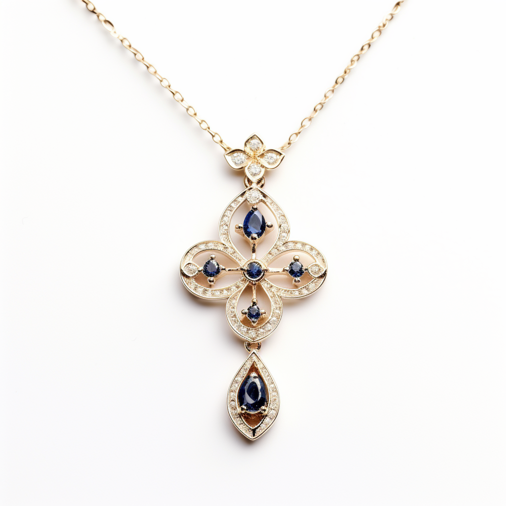 Gold necklace with a clover-shaped pendant featuring blue stones on a white background