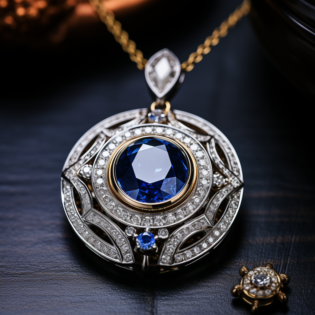 Elegant necklace with a blue gemstone and diamond accents on a dark surface