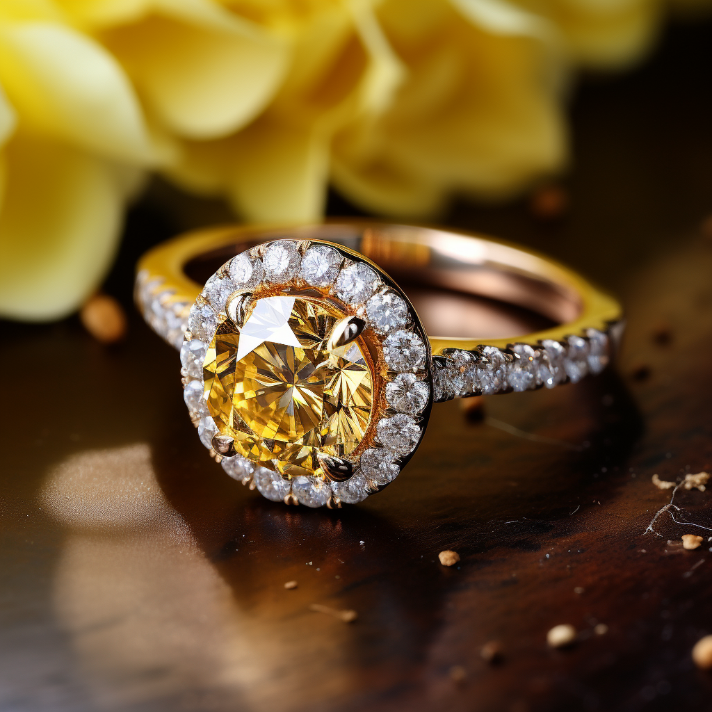Gold ring with a large yellow gemstone and smaller diamonds on a wooden surface with yellow flowers in the background