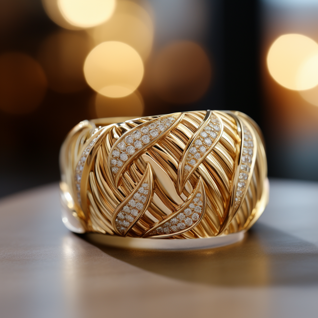 Gold ring with intricate design on a reflective surface with blurred lights in the background