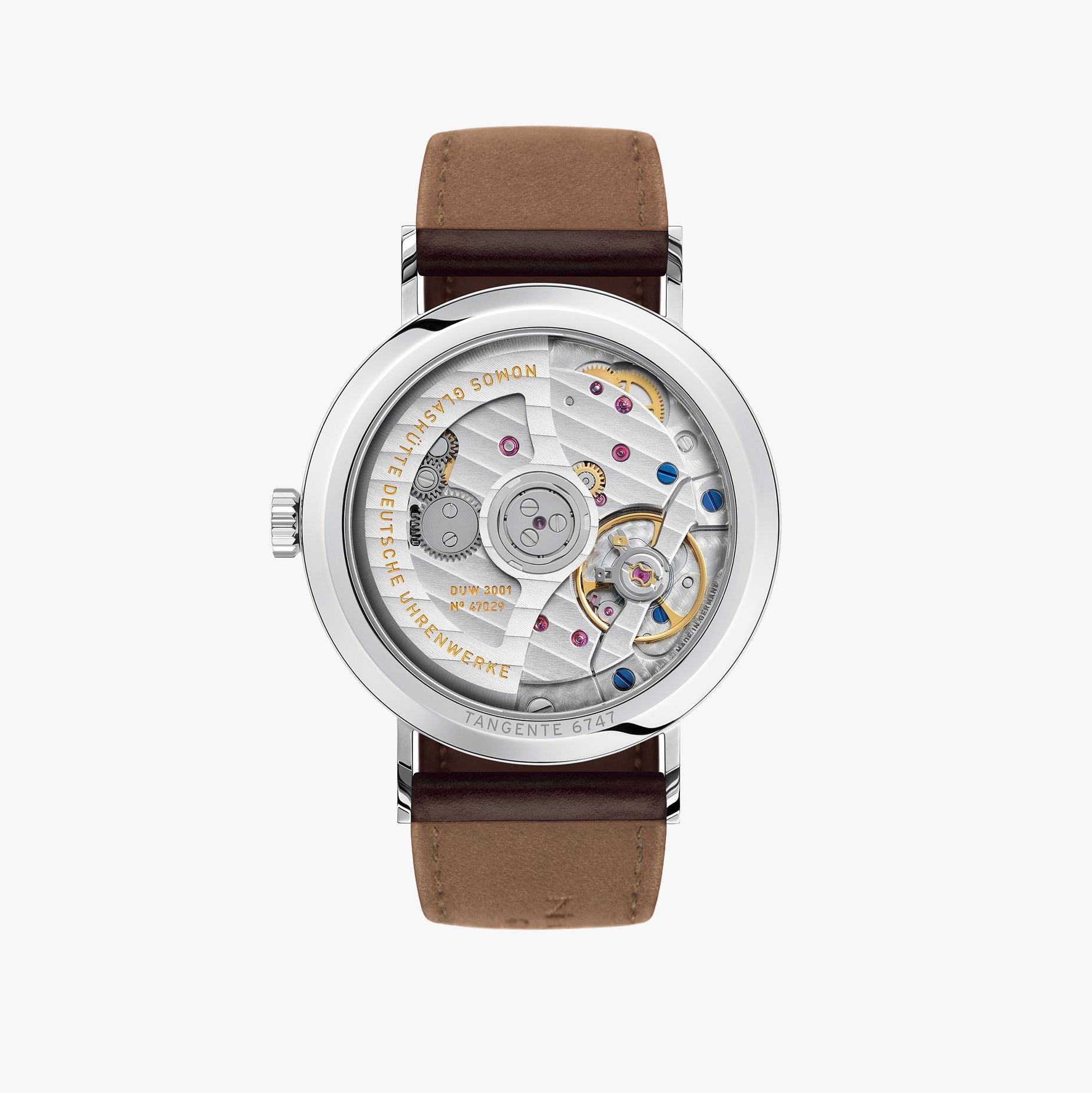 Watch with brown leather strap and visible mechanical components on a white background
