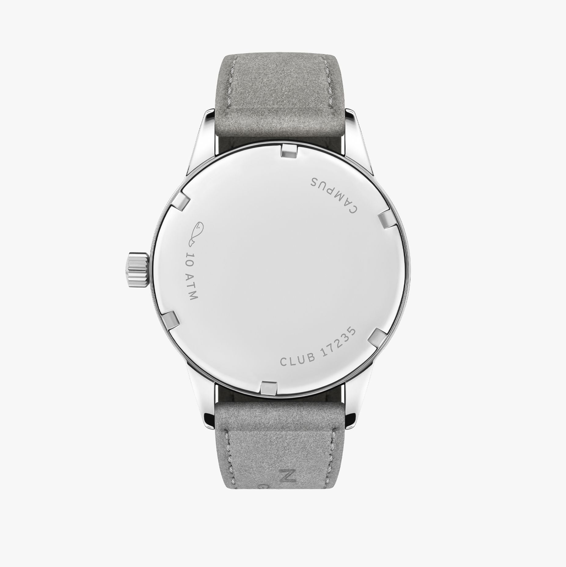 The back view of a Campus x DTD101 watch featuring a light gray textured leather strap and a polished silver-tone case, shown on a light gray background.