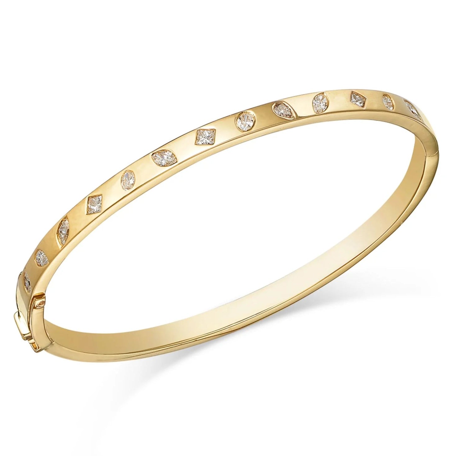 Mix Shape Flush Set Diamond Bangle in 14K Yellow Gold