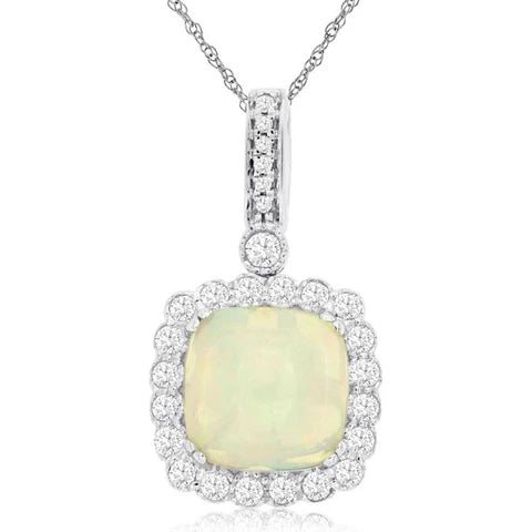 Opal Diamond Halo Pendant Necklace in 14K White Gold