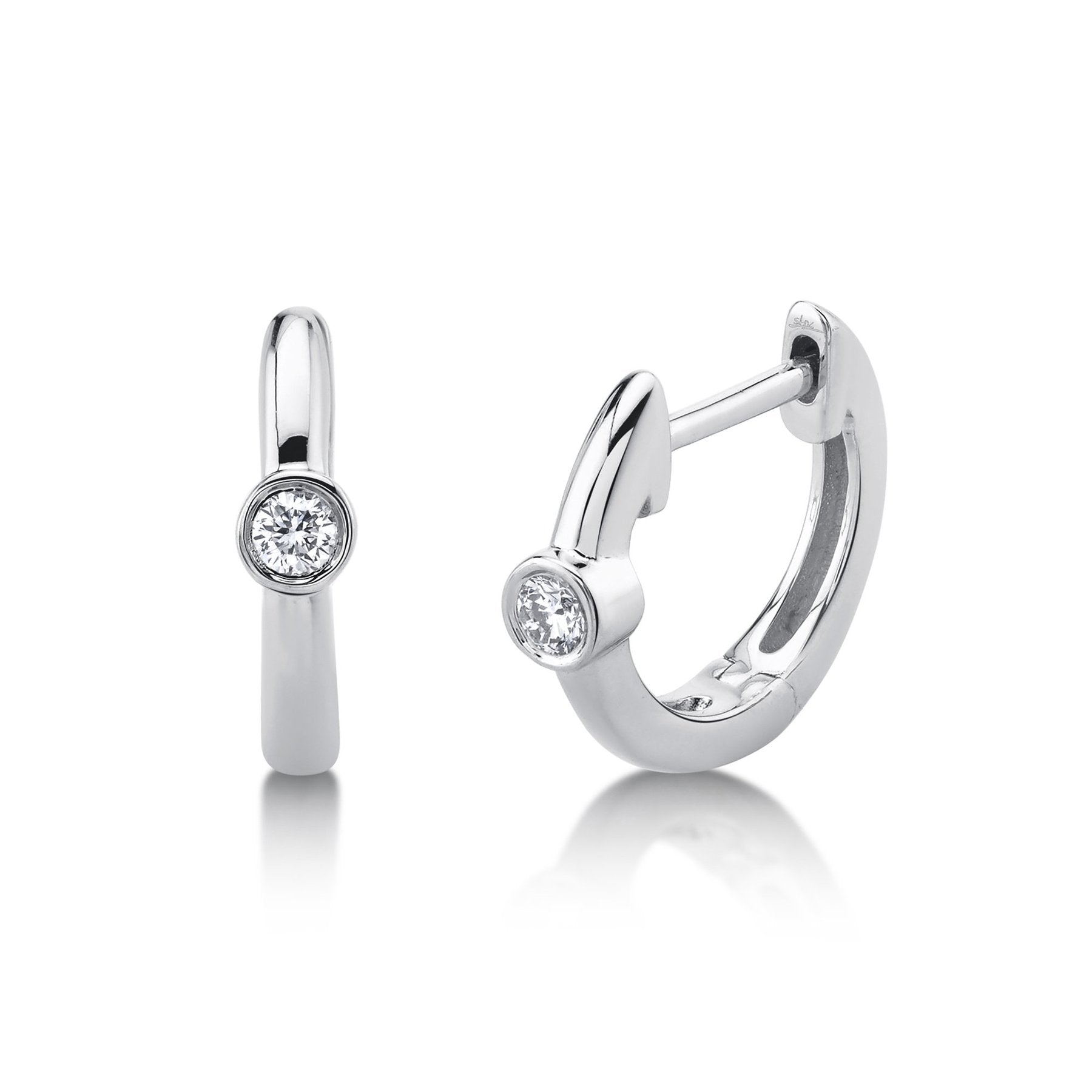 Single Diamond Bezel Huggie Hoop Earrings in 14K White Gold