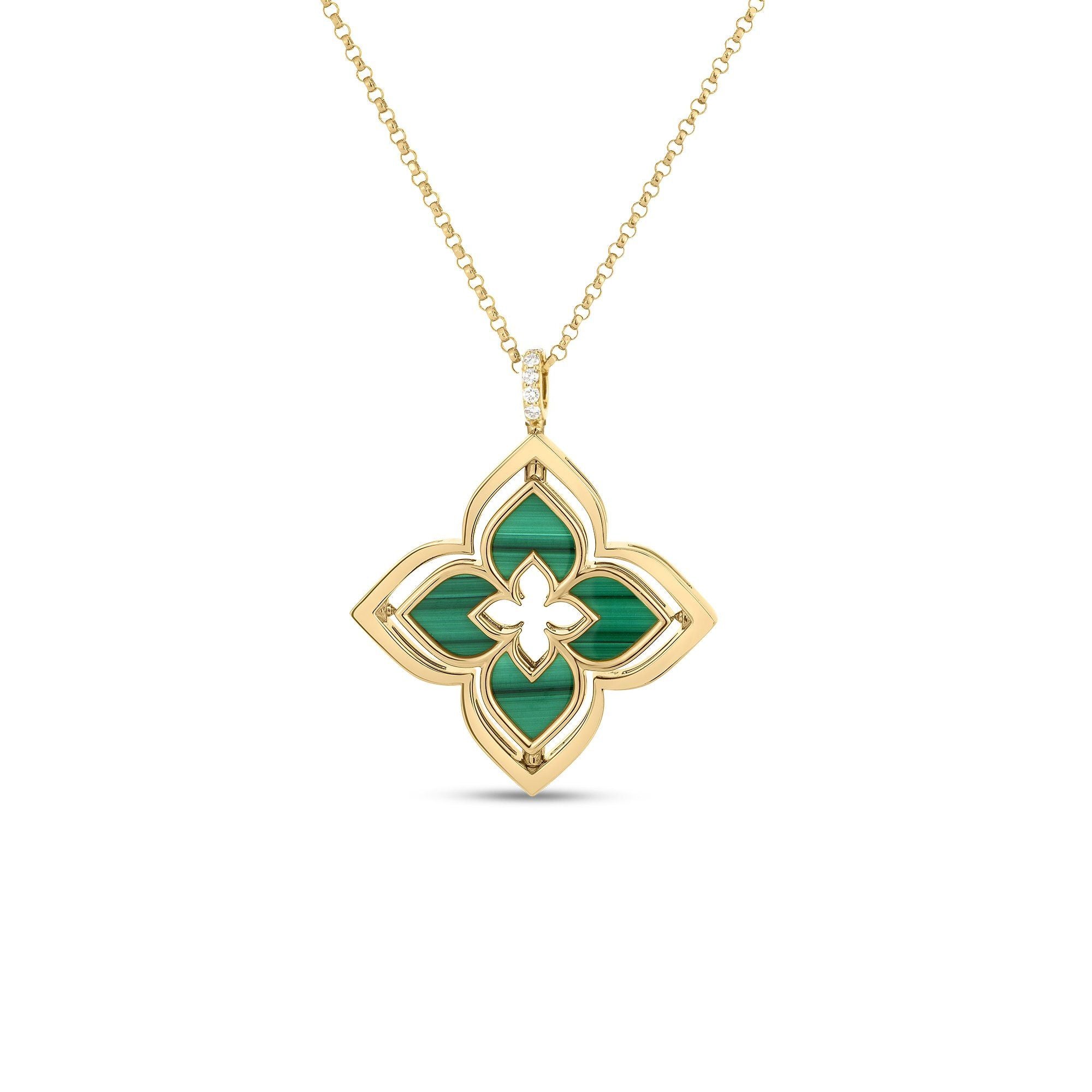 Roberto Coin Malachite Venetian Princess Pirouette Flower Necklace in 18K Yellow Gold, 17" Length