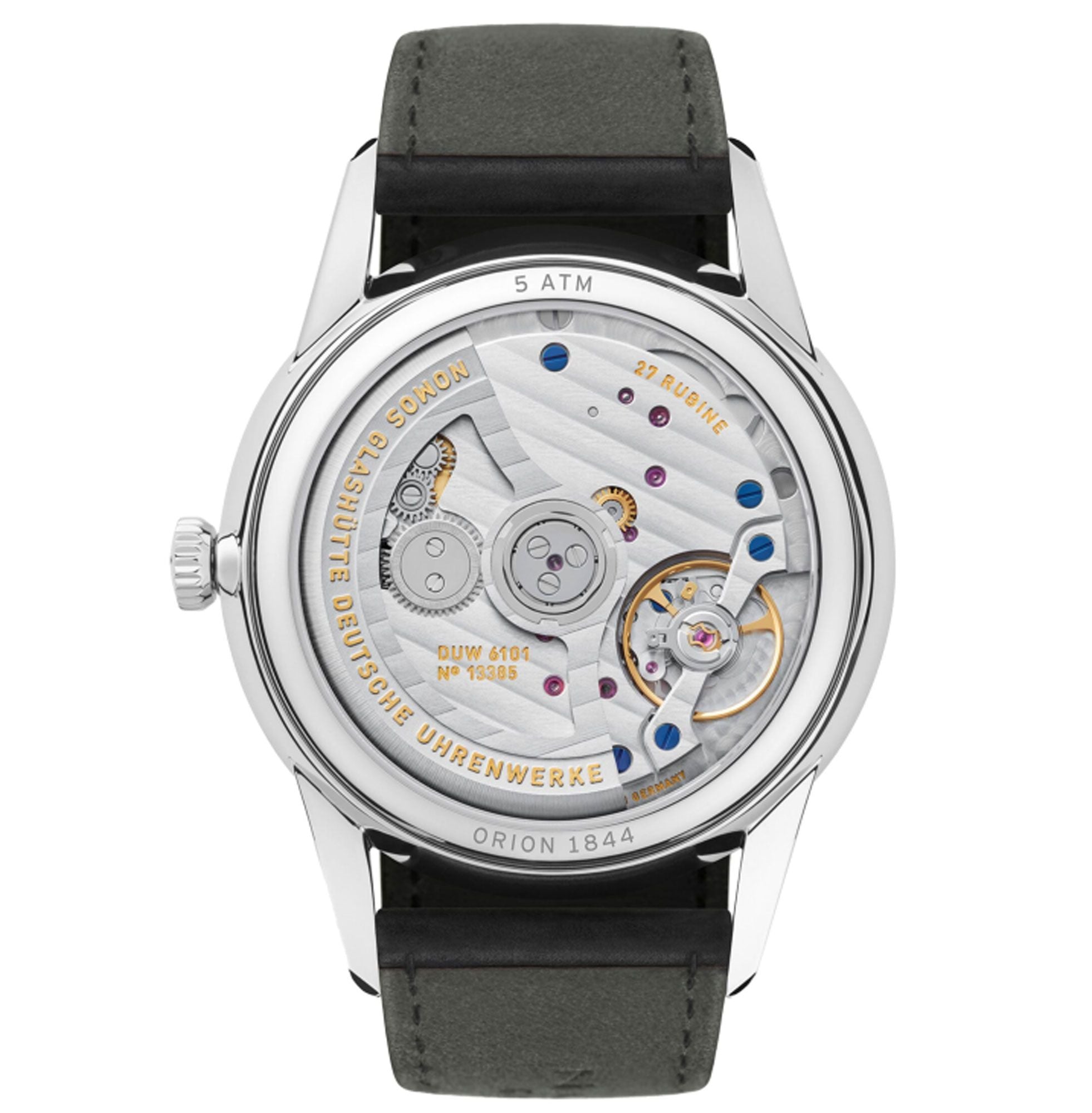 A close-up of an Orion 1844 automatic watch with a silver-toned case, showing the detailed mechanical movement through a clear back, and a dark gray leather strap on a white background.