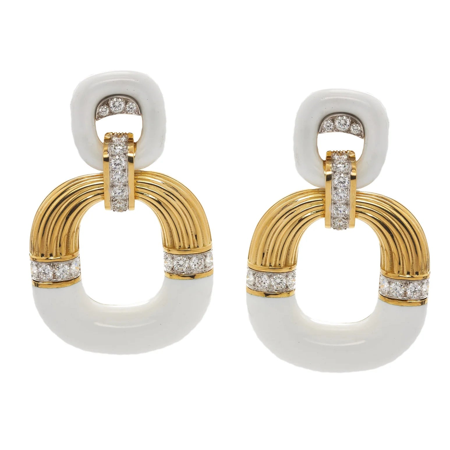 David Webb Radiator White Enamel Hoop Earrings in 18K Yellow Gold