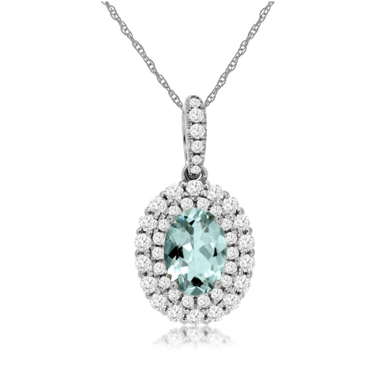 Oval Aquamarine Double Diamond Halo Pendant Necklace in 14K White Gold
