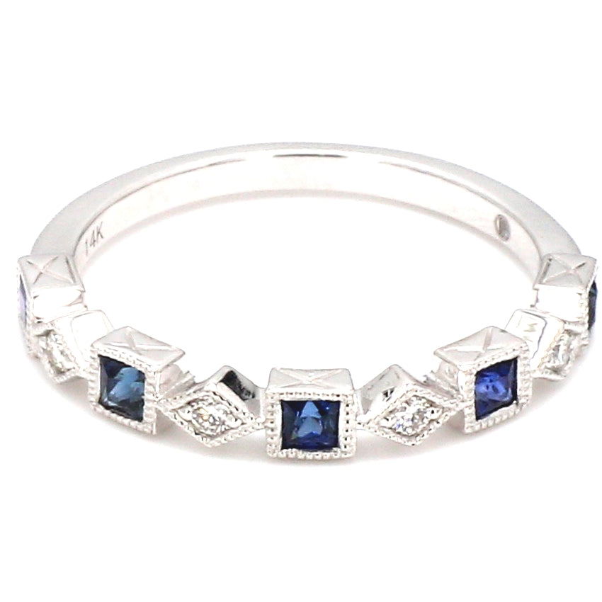 Princess Cut Sapphire & Marquise Diamond Band Ring in 14K White Gold, Size 6
