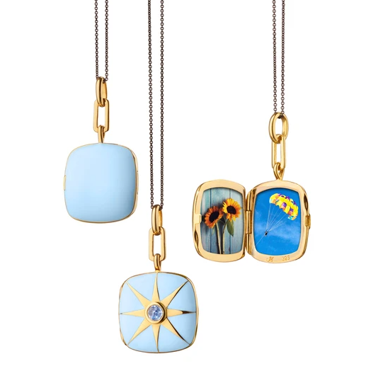 Monica Rich Kosann Sapphire Blue Enamel Cushion Locket Necklace in 18K Gold Plated, 17" Length