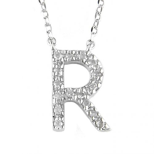 "R" Diamond Initial Pendant Necklace in Sterling Silver