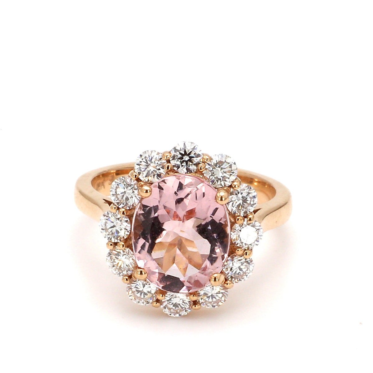 Pink Oval Morganite Diamond Halo Ring in 18K Rose Gold, Size 7