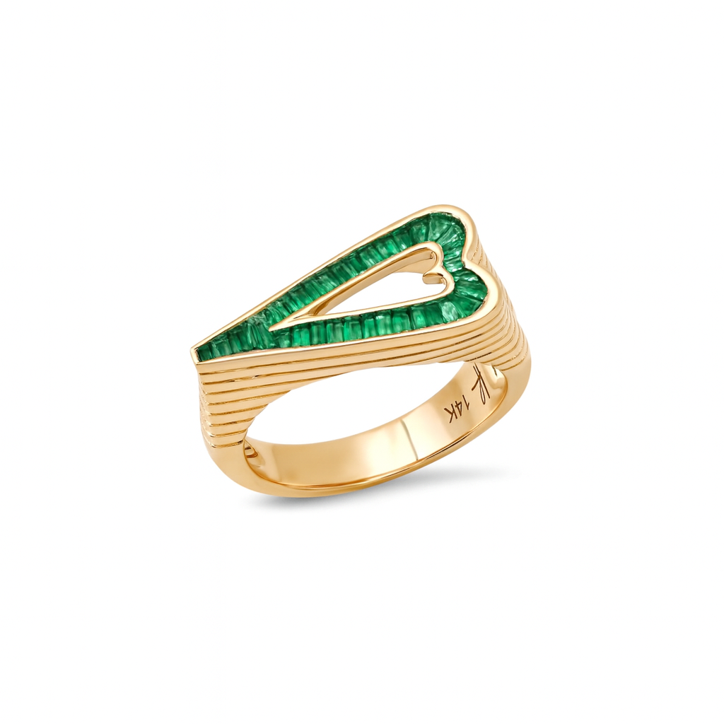 Helena Rose Grandsize Emerald Encrusted Heart Ring in 14K Yellow Gold, Size 7