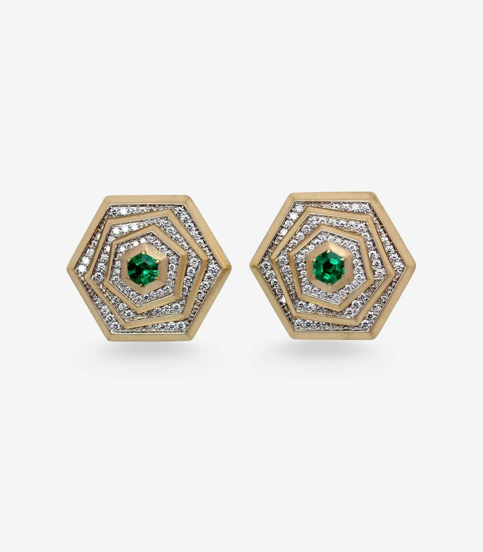 Arunashi Emerald & Diamond Shapeshifter Stud Earrings in 18K Yellow Gold