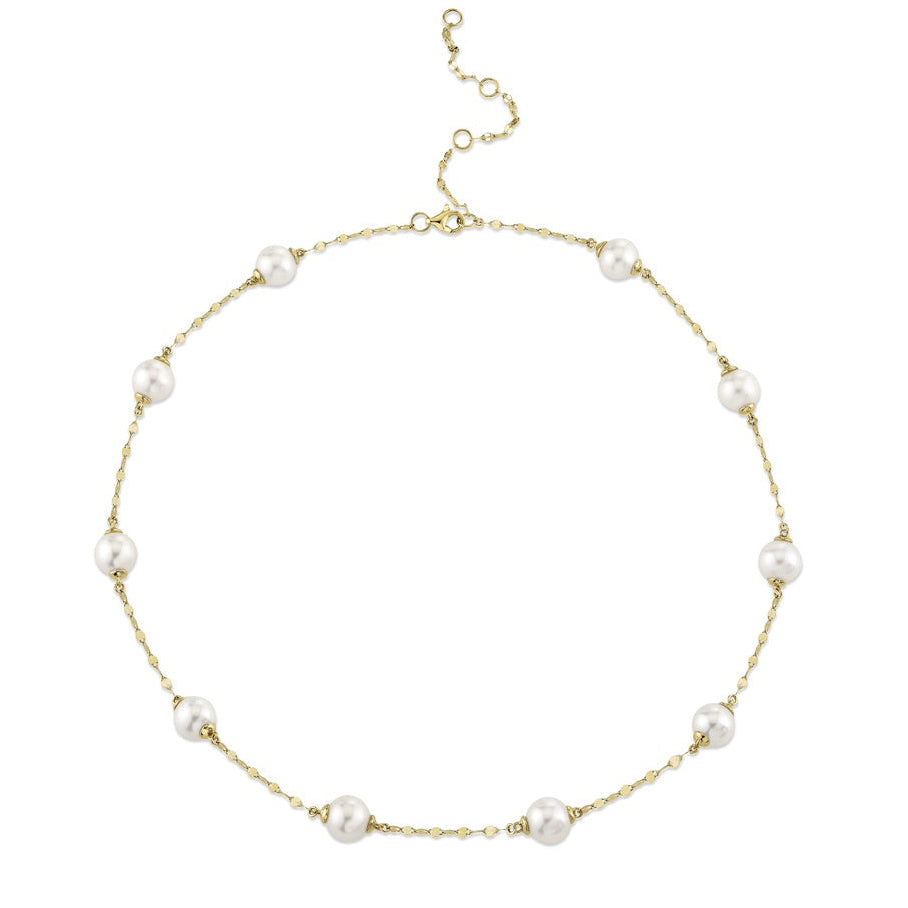 Pearl Station Sparkle Chain Necklace in 14K Yellow Gold