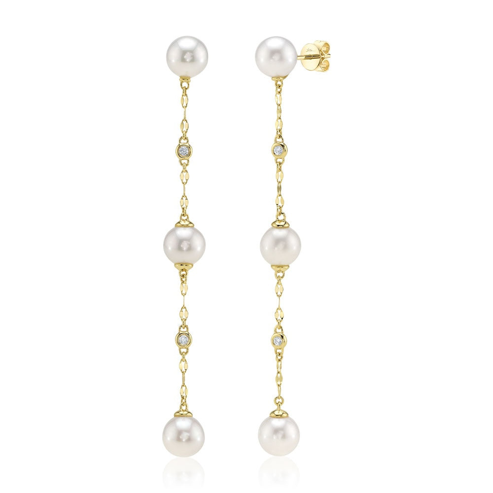 Pearl Station Sparkle Chain Dangle Earrings in 14K Yellow Gold
