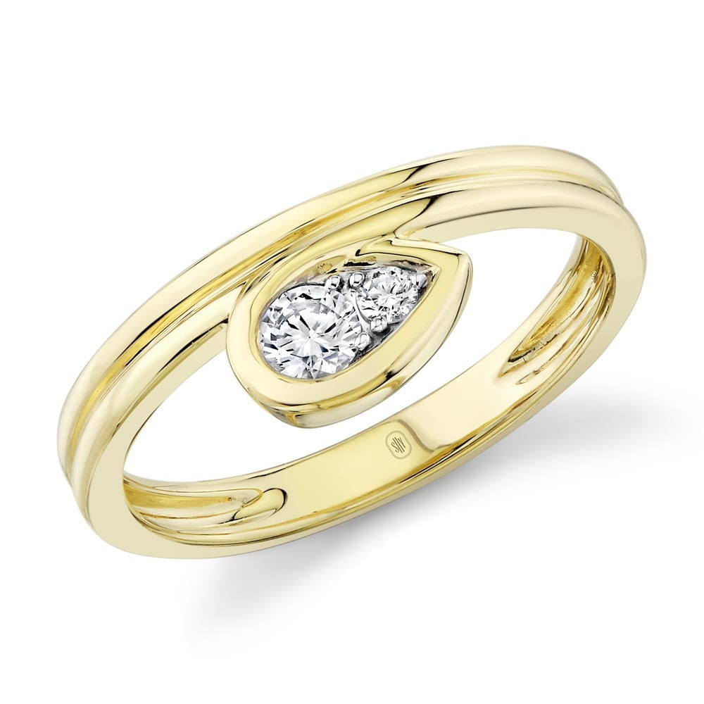 Bezel Set Pear Diamond Bridge Ring in 14K Yellow Gold, Size 7