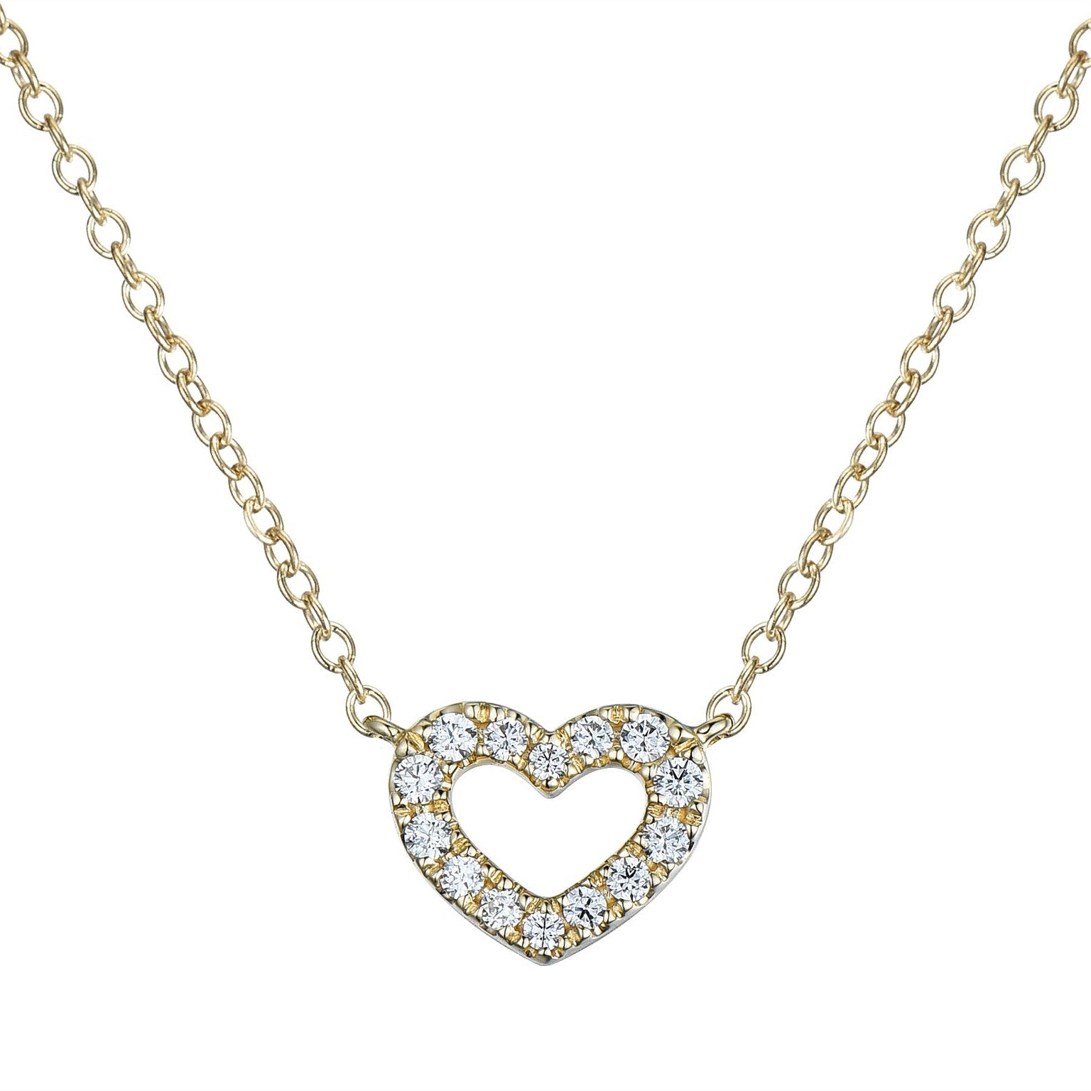 Small Pave Diamond Open Heart Station Necklace in 14K Yellow Gold