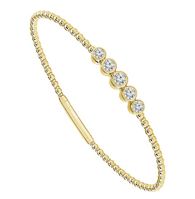 Graduated Bezel Set 5 Diamond Beaded Flex Bangle in 14K Yellow Gold