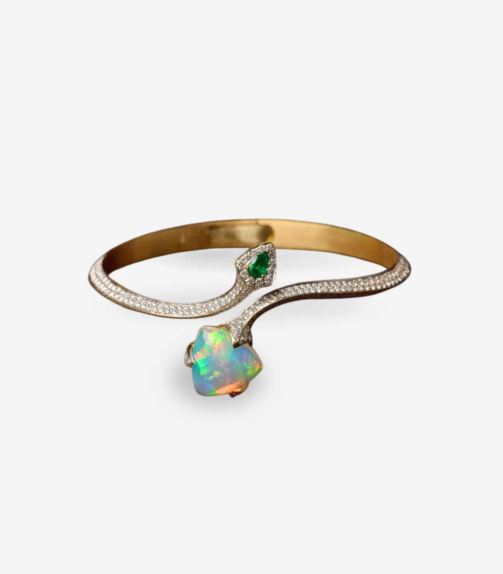 Arunashi Opal & Emerald Bypass Bangle in 18K Yellow Gold