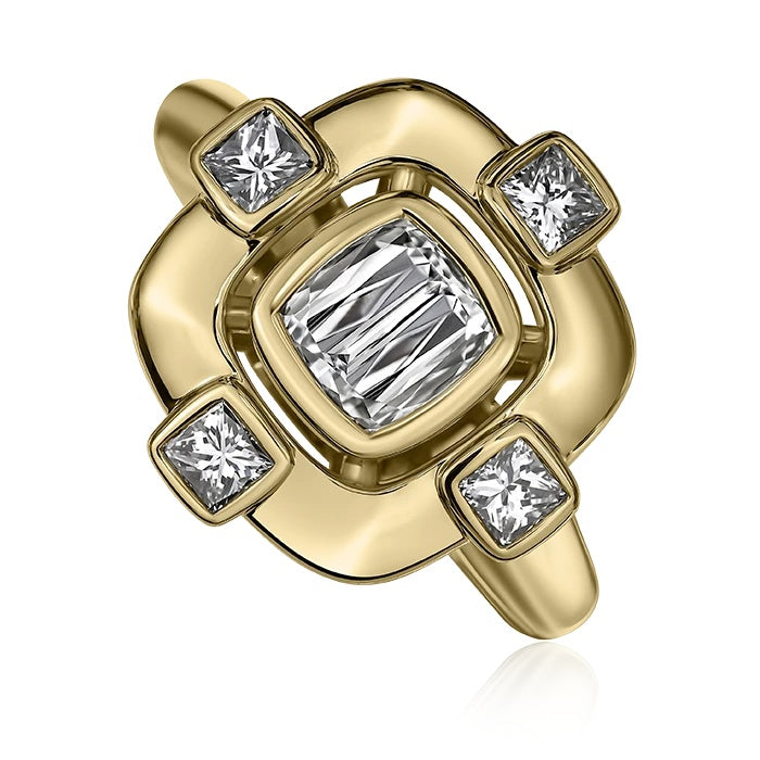 Crisscut NY L'Amour Cushion & Princess Diamond Ring in 18K Yellow Gold, Size 6.5