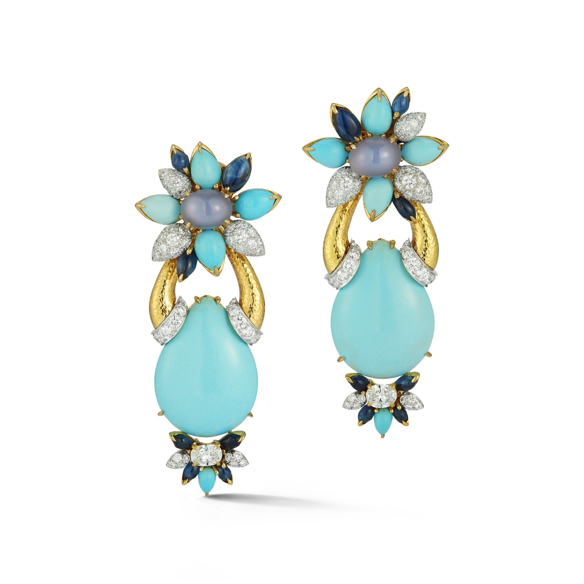 David Webb Asheville Blue Chalcedony & Turquoise Earrings in 18K Yellow Gold