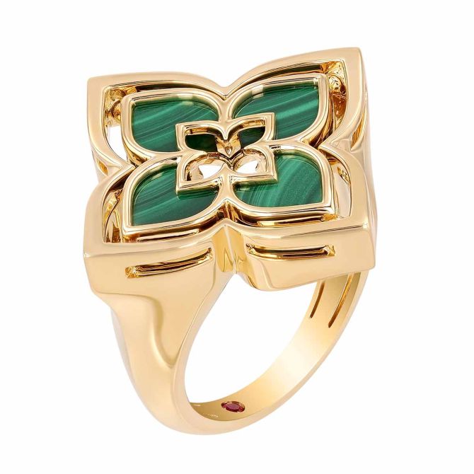 Roberto Coin Malachite Venetian Princess Pirouette Flower Ring in 18K Yellow Gold, Size 6.5