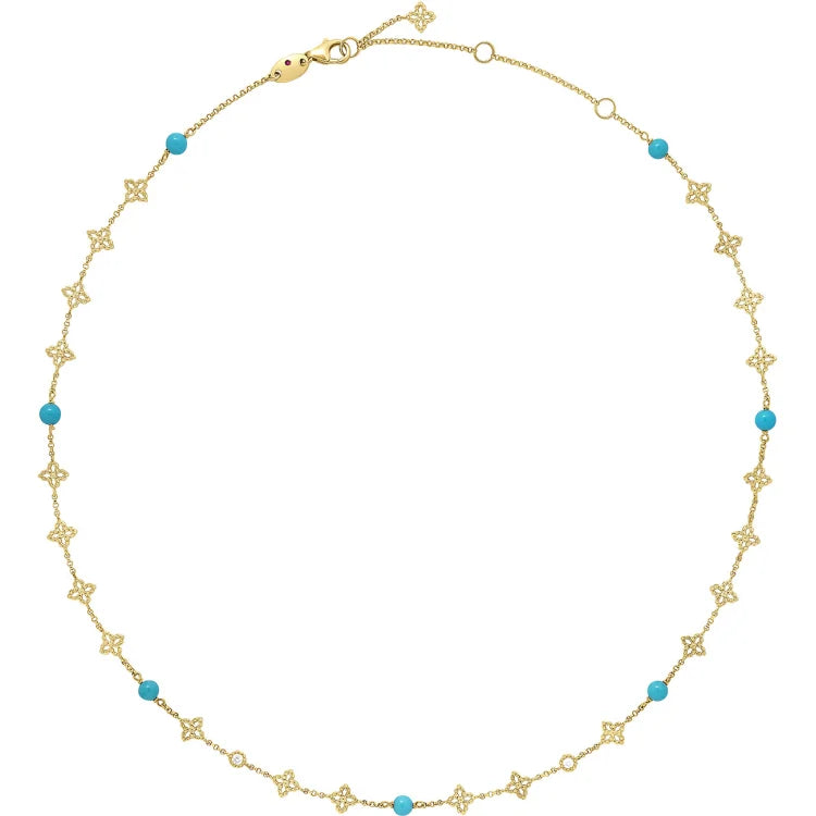 Roberto Coin Turquoise Princess Flower Station Necklace in 18K Yellow Gold