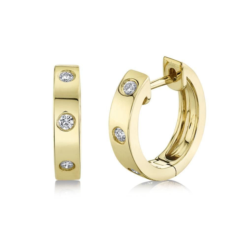 Three Stone Diamond Huggie Hoop Earrings in 14K Yellow Gold