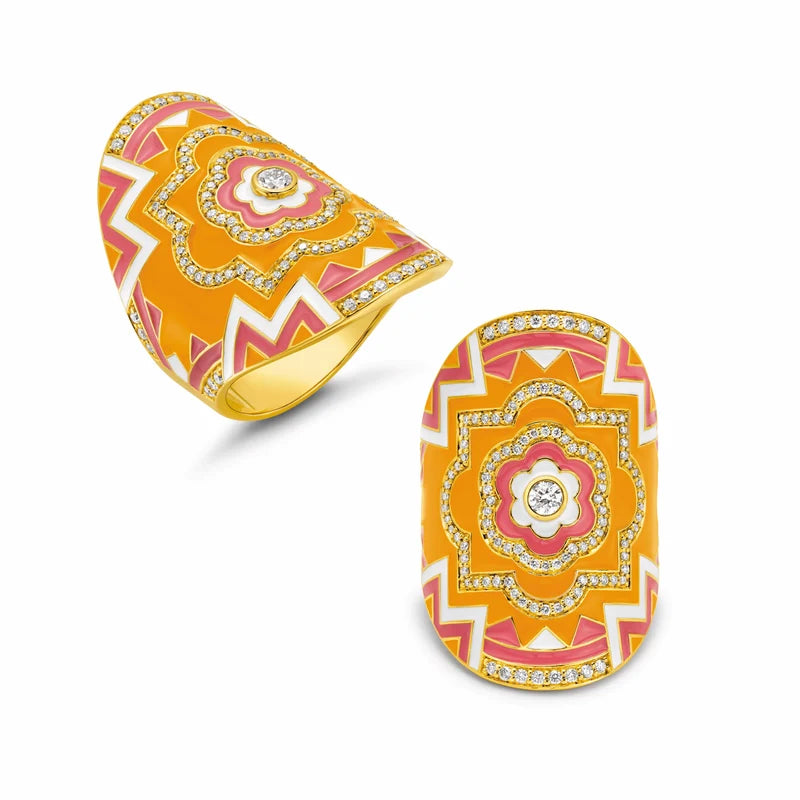 Buddha Mama Mandala Pink & Orange Wrap Ring in 20K Yellow Gold, Size 7.5
