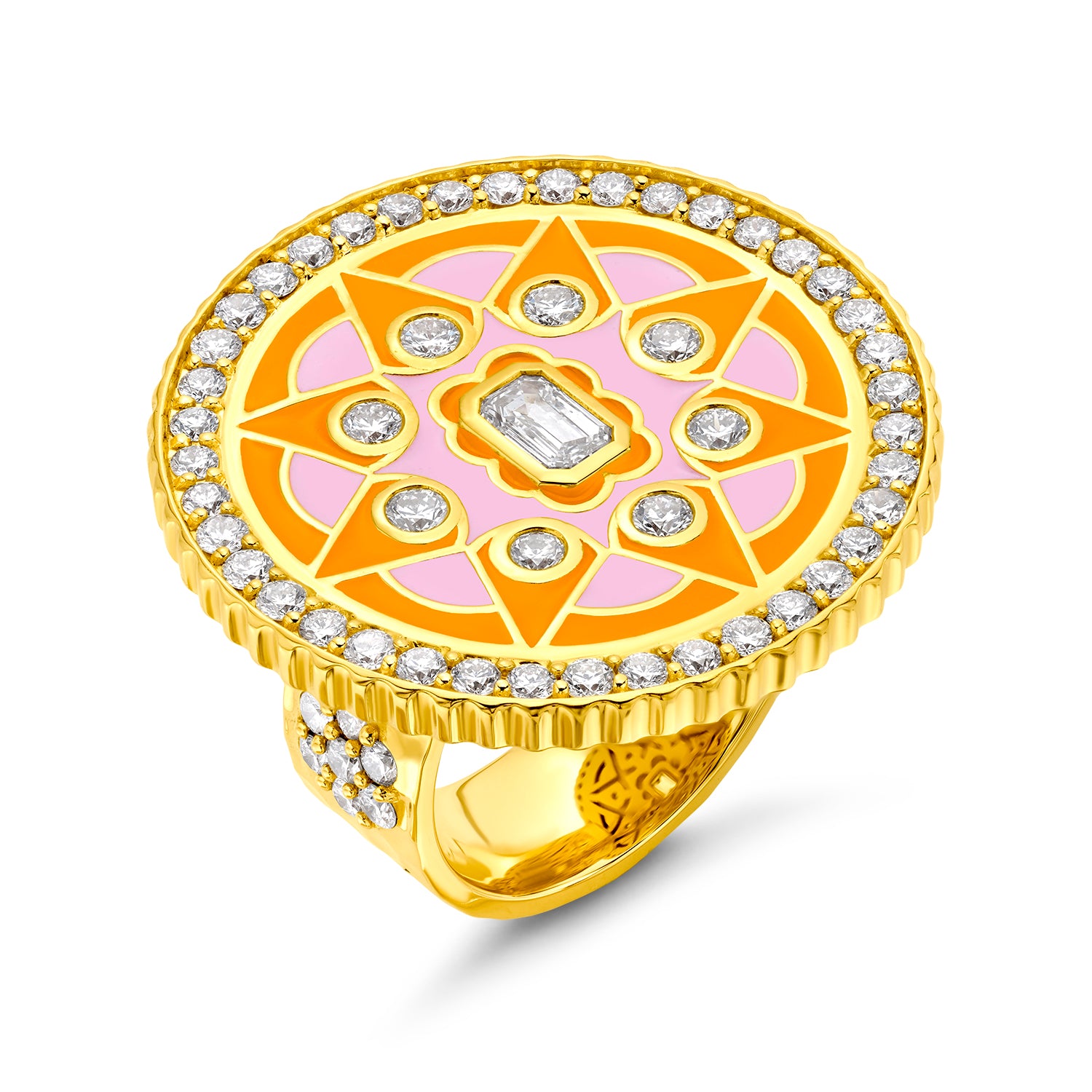 Buddha Mama Mandala Orange & Pink Diamond Ring in 20K Yellow Gold, Size 7.5