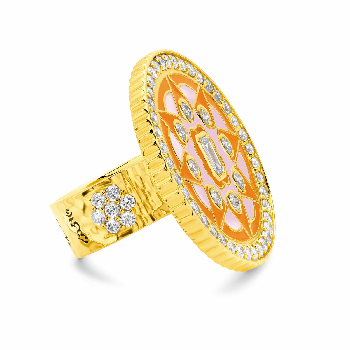 Buddha Mama Mandala Orange & Pink Diamond Ring in 20K Yellow Gold, Size 7.5