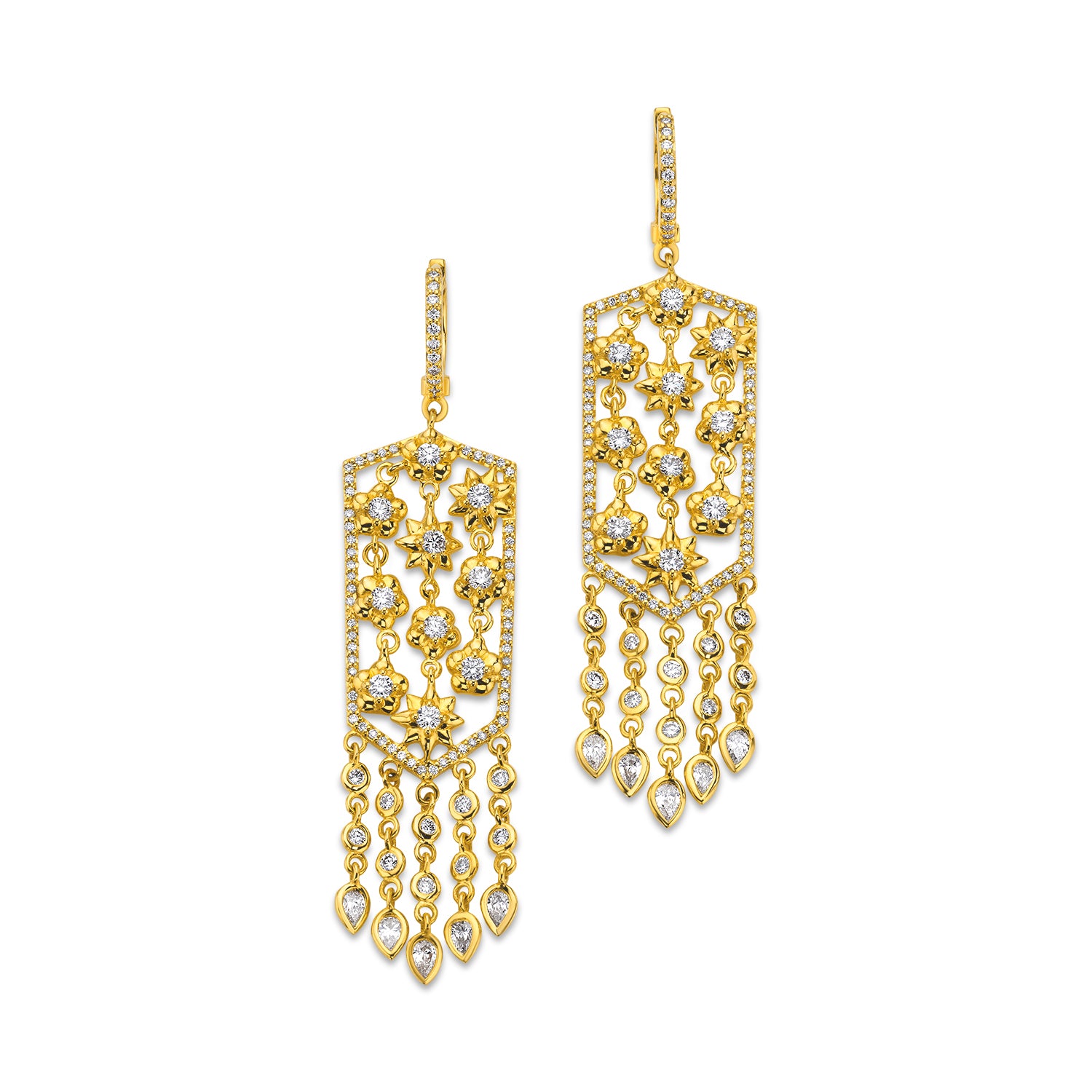 Buddha Mama Large Flower Diamond Dangle Earrings in 20K Yellow Gold